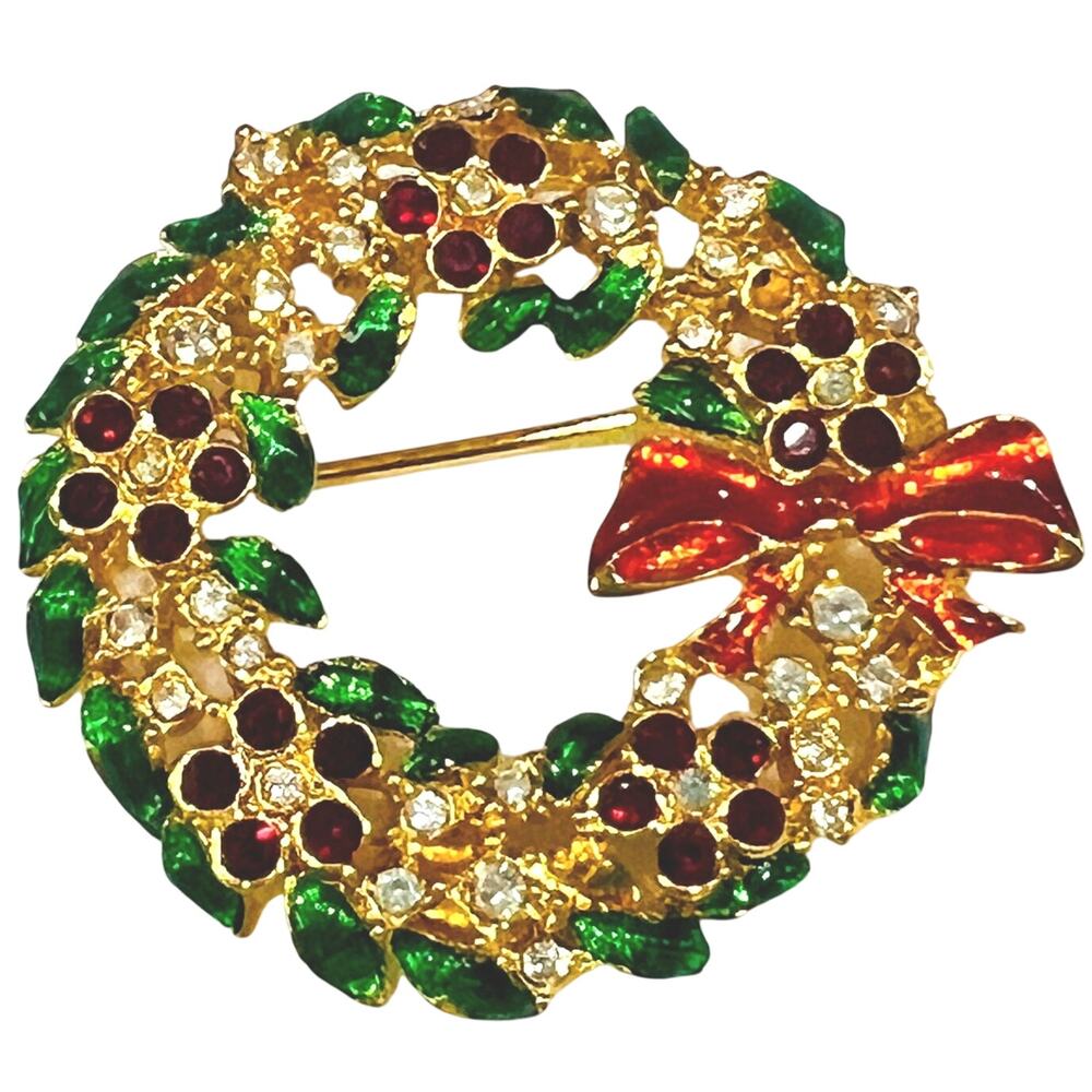 Eisenberg Ice Vintage Rhinestone Christmas Wreath Bow Brooch